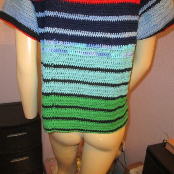Vtg Hand Knit Sweater Size M Rainbow Stripe Pullover Short Sleeves Boho Hippie - Picture 7 of 7